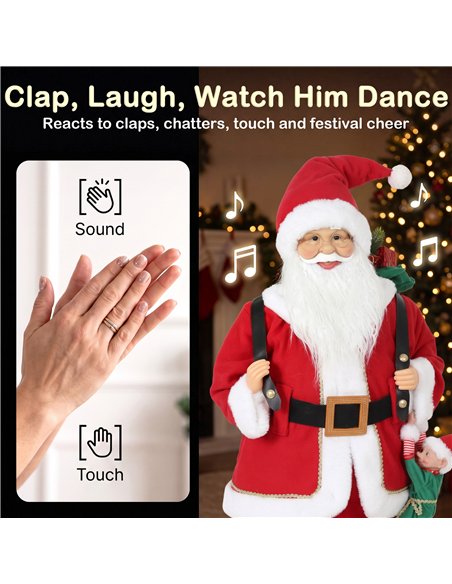 HOMCOM 4ft Singing Dancing Santa Claus, Standing Christmas Animated Santa Figure with Sack, Hanging Elf, Sound/Touch Activated - pic 209929 | FastDaddyshop