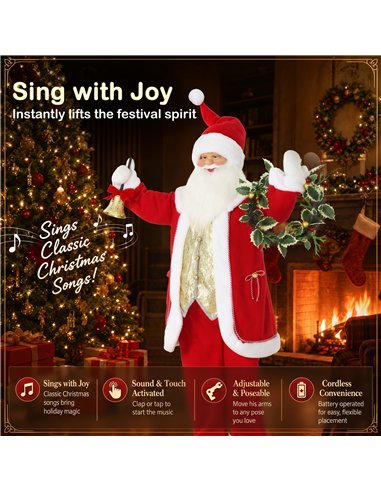 HOMCOM 5ft Life Size Singing Santa Claus, Standing Christmas Animated Santa Figure with Bell and Wreath, Sound/Touch Activated