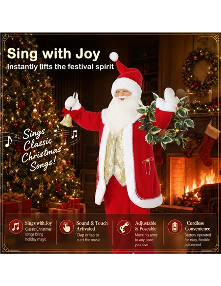 HOMCOM 5ft Life Size Singing Santa Claus, Standing Christmas Animated Santa Figure with Bell and Wreath, Sound/Touch Activated - pic 209946 | FastDaddyshop