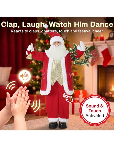 HOMCOM 5ft Life Size Singing Santa Claus, Standing Christmas Animated Santa Figure with Bell and Wreath, Sound/Touch Activated - pic 209947 | FastDaddyshop