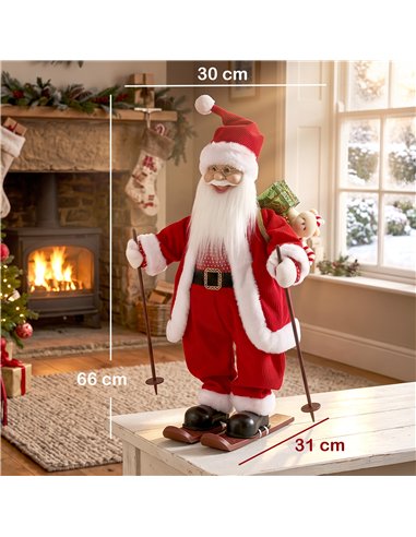 HOMCOM 2ft Singing Skiing Santa Claus, Standing Christmas Animated Santa Figure with Ski Board, Sack, Sound/Touch Activated