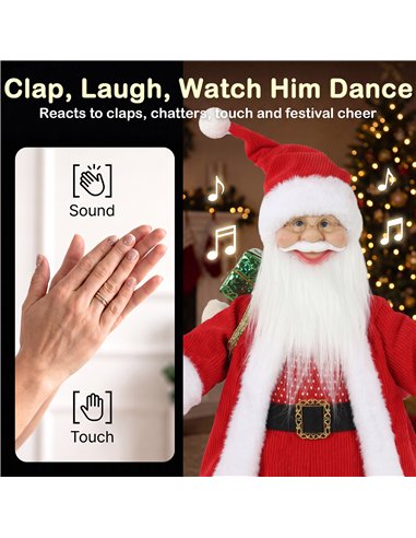 HOMCOM 2ft Singing Skiing Santa Claus, Standing Christmas Animated Santa Figure with Ski Board, Sack, Sound/Touch Activated
