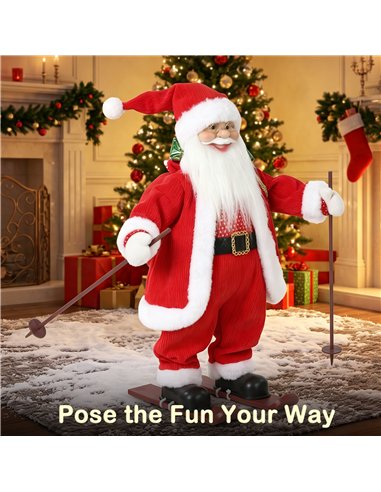 HOMCOM 2ft Singing Skiing Santa Claus, Standing Christmas Animated Santa Figure with Ski Board, Sack, Sound/Touch Activated