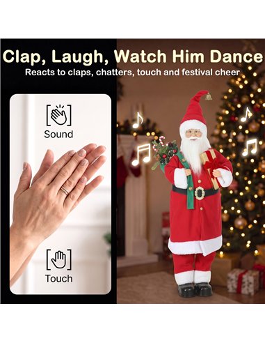 HOMCOM 4ft Singing Dancing Santa Claus, Standing Christmas Animated Santa Figure with Gift and Sack, Sound/Touch Activated