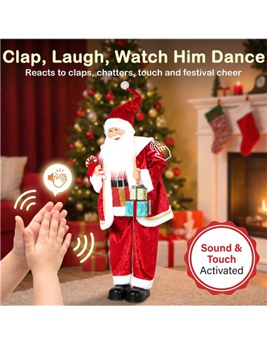 HOMCOM 120cm Life Size Singing Dancing Santa Claus, Standing Musical Animated Santa with Gift and Candy Cane, Posable Arms, Hand