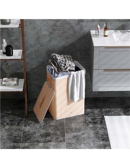 HOMCOM 70L Collapsible Bamboo Laundry Hamper Organizer Clothes Washing Basket Bin Storage Box w/ Lid Removable Lining 40x30x60cm - pic 209998 | FastDaddyshop