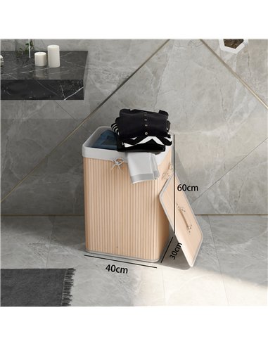 HOMCOM 70L Collapsible Bamboo Laundry Hamper Organizer Clothes Washing Basket Bin Storage Box w/ Lid Removable Lining 40x30x60cm