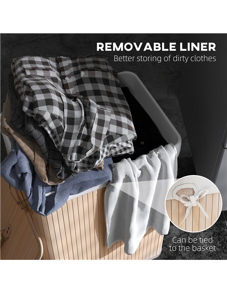 HOMCOM 70L Collapsible Bamboo Laundry Hamper Organizer Clothes Washing Basket Bin Storage Box w/ Lid Removable Lining 40x30x60cm - pic 210001 | FastDaddyshop