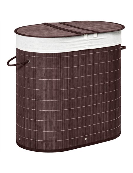 HOMCOM 100L Bamboo Laundry Basket with Lid, Washing Basket with 2 Compartments, Handles, Removable Liner, Brown - pic 210006 | FastDaddyshop