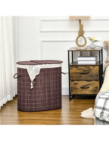 HOMCOM 100L Bamboo Laundry Basket with Lid, Washing Basket with 2 Compartments, Handles, Removable Liner, Brown