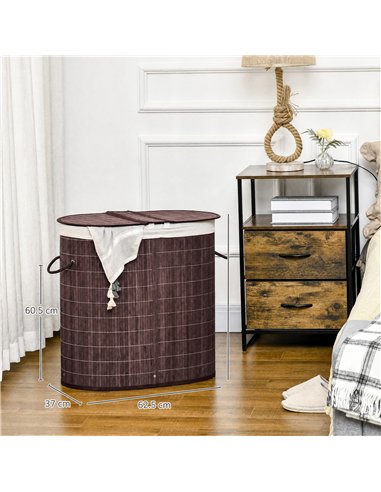 HOMCOM 100L Bamboo Laundry Basket with Lid, Washing Basket with 2 Compartments, Handles, Removable Liner, Brown
