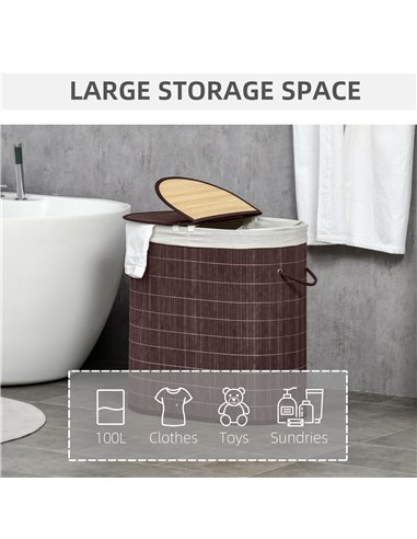 HOMCOM 100L Bamboo Laundry Basket with Lid, Washing Basket with 2 Compartments, Handles, Removable Liner, Brown