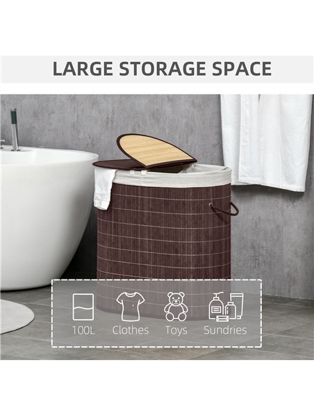 HOMCOM 100L Bamboo Laundry Basket with Lid, Washing Basket with 2 Compartments, Handles, Removable Liner, Brown - pic 210009 | FastDaddyshop
