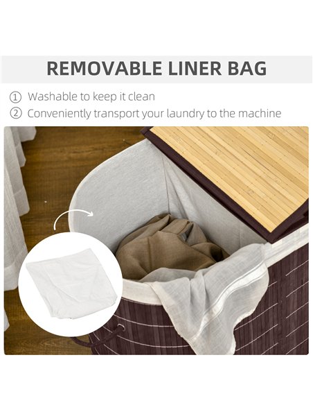 HOMCOM 100L Bamboo Laundry Basket with Lid, Washing Basket with 2 Compartments, Handles, Removable Liner, Brown - pic 210010 | FastDaddyshop