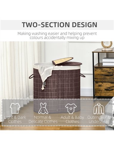 HOMCOM 100L Bamboo Laundry Basket with Lid, Washing Basket with 2 Compartments, Handles, Removable Liner, Brown