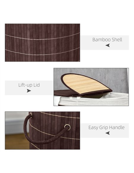 HOMCOM 100L Bamboo Laundry Basket with Lid, Washing Basket with 2 Compartments, Handles, Removable Liner, Brown - pic 210012 | FastDaddyshop