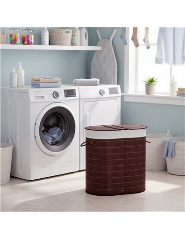 HOMCOM 100L Bamboo Laundry Basket with Lid, Washing Basket with 2 Compartments, Handles, Removable Liner, Brown