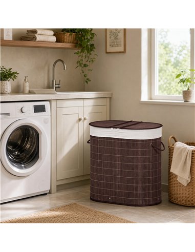 HOMCOM 100L Bamboo Laundry Basket with Lid, Washing Basket with 2 Compartments, Handles, Removable Liner, Brown