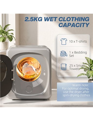 HOMCOM 2.5kg Vented Tumble Dryer with Smart Mode, 800W Compact Tumble Dryer with Stainless Steel Tub, Silver Tone