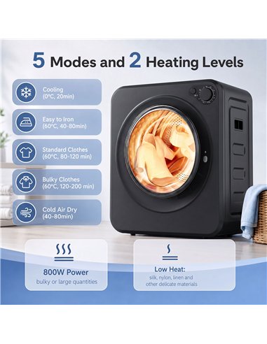 HOMCOM 4kg Front Load Laundry Dryer, Portable Clothes Dryer with 2 Power Modes, 400W/800W, Black