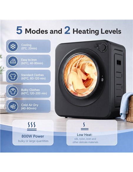 HOMCOM 4kg Front Load Laundry Dryer, Portable Clothes Dryer with 2 Power Modes, 400W/800W, Black - pic 210054 | FastDaddyshop