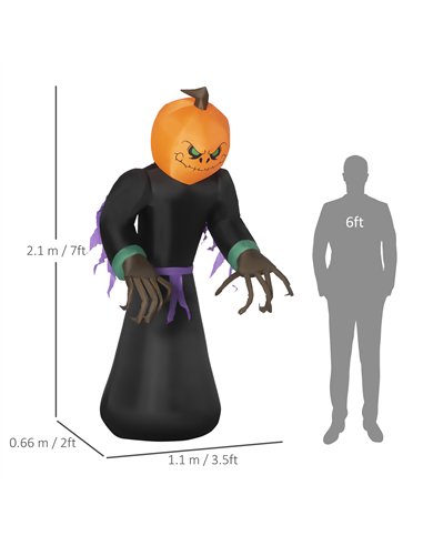 HOMCOM 2.1m Inflatable Pumpkin Ghost Head Monster Vampire 6 LED Halloween Blow Up Yard Holiday Decoration