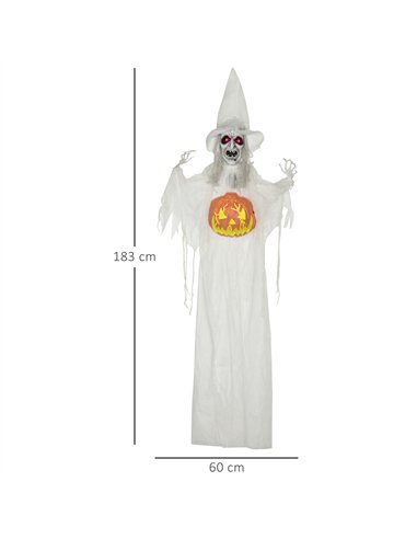 HOMCOM 6ft Outdoor Halloween Decoration Witch with Pumpkin, Hanging Skeleton Witch Prop Life Size with Sound and Motion Activate
