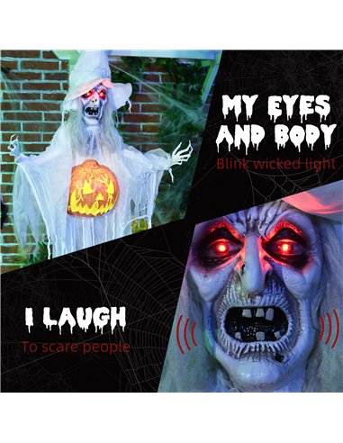 HOMCOM 6ft Outdoor Halloween Decoration Witch with Pumpkin, Hanging Skeleton Witch Prop Life Size with Sound and Motion Activate