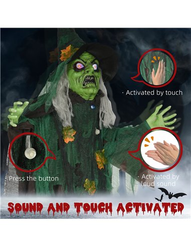 HOMCOM 6ft Halloween Witch Decoration, Outdoor Activated Prop with Light Up Eyes Magical Heart, Sound Activated