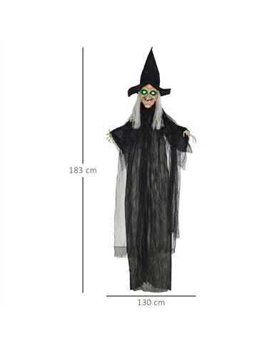 HOMCOM 6ft Outdoor Halloween Decoration Witch, Hanging Witch Prop Life Size with Sound and Motion Activated, Light Up Eyes, Talk