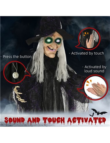 HOMCOM 6ft Outdoor Halloween Decoration Witch, Hanging Witch Prop Life Size with Sound and Motion Activated, Light Up Eyes, Talk