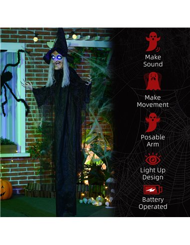 HOMCOM 6ft Outdoor Halloween Decoration Witch, Hanging Witch Prop Life Size with Sound and Motion Activated, Light Up Eyes, Talk