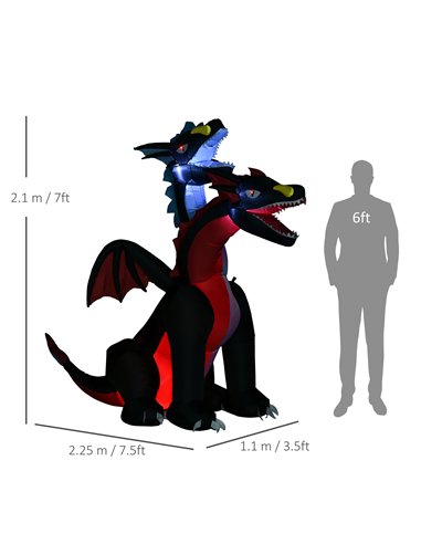 HOMCOM 7FT Tall Halloween Inflatable Dragon with 2 Heads and LED Lights, Blow Up Halloween Party Decoration for Indoor Outdoor Y