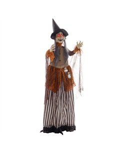 HOMCOM 183 cm Life Size Halloween Animated Standing Fat-Faced Witch with Red Light Up Eyes, Sound Activated Moving Arms & Head,  2