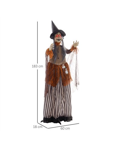 HOMCOM 183 cm Life Size Halloween Animated Standing Fat-Faced Witch with Red Light Up Eyes, Sound Activated Moving Arms & Head, 