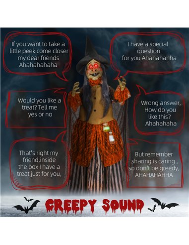 HOMCOM 183 cm Life Size Halloween Animated Standing Fat-Faced Witch with Red Light Up Eyes, Sound Activated Moving Arms & Head, 