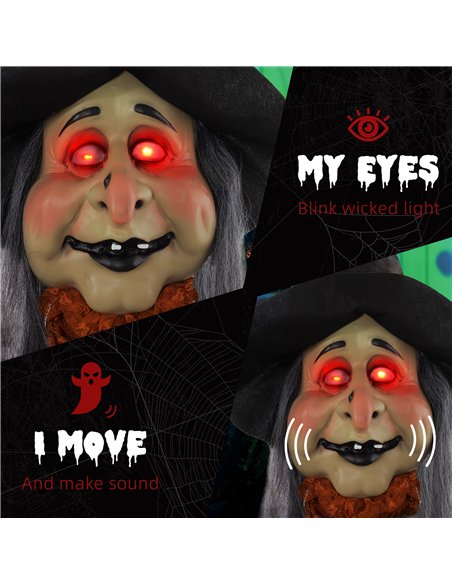 HOMCOM 183 cm Life Size Halloween Animated Standing Fat-Faced Witch with Red Light Up Eyes, Sound Activated Moving Arms & Head,  - pic 210181 | FastDaddyshop