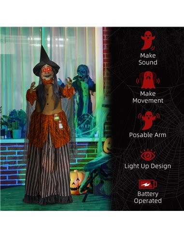 HOMCOM 183 cm Life Size Halloween Animated Standing Fat-Faced Witch with Red Light Up Eyes, Sound Activated Moving Arms & Head, 
