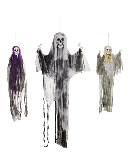 HOMCOM Set of 3 Hanging Skeleton Halloween Decorations, Scary Flying Ghost for Garden, Party, 90/110/170cm - pic 210186 | FastDaddyshop