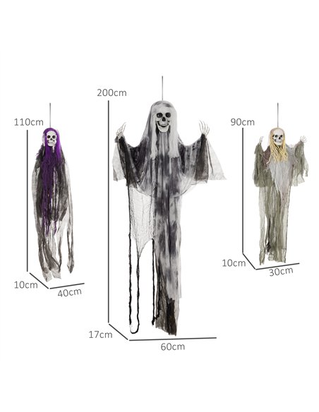 HOMCOM Set of 3 Hanging Skeleton Halloween Decorations, Scary Flying Ghost for Garden, Party, 90/110/170cm - pic 210188 | FastDaddyshop