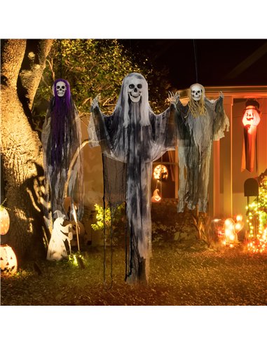 HOMCOM Set of 3 Hanging Skeleton Halloween Decorations, Scary Flying Ghost for Garden, Party, 90/110/170cm
