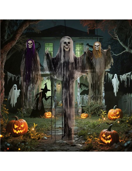 HOMCOM Set of 3 Hanging Skeleton Halloween Decorations, Scary Flying Ghost for Garden, Party, 90/110/170cm - pic 210192 | FastDaddyshop