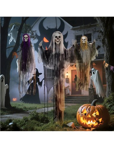 HOMCOM Set of 3 Hanging Skeleton Halloween Decorations, Scary Flying Ghost for Garden, Party, 90/110/170cm