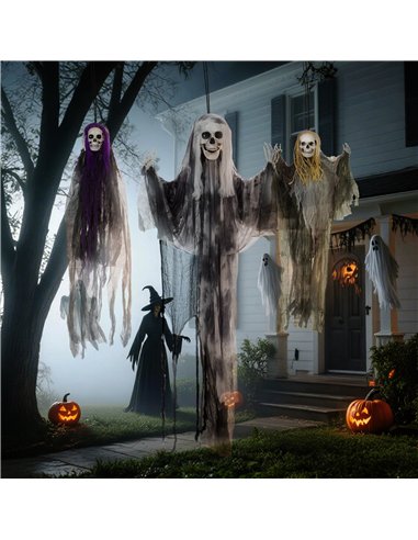 HOMCOM Set of 3 Hanging Skeleton Halloween Decorations, Scary Flying Ghost for Garden, Party, 90/110/170cm