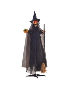 HOMCOM 6'2" Witch with Broomstick Halloween Animatronic, with Glowing Eyes