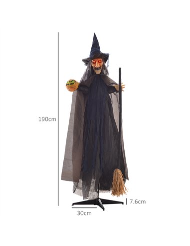 HOMCOM 6'2" Witch with Broomstick Halloween Animatronic, with Glowing Eyes