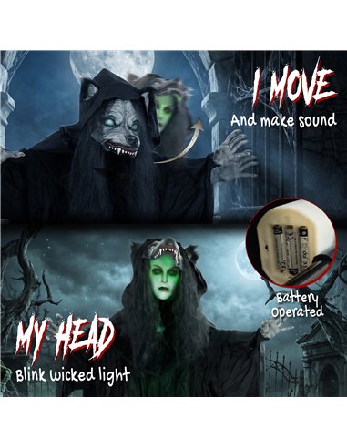 HOMCOM 67"/170cm Life Size Animated Ghost with Werewolf Mask, Halloween Decorations Outdoor Indoor, Scary Halloween Animatronic