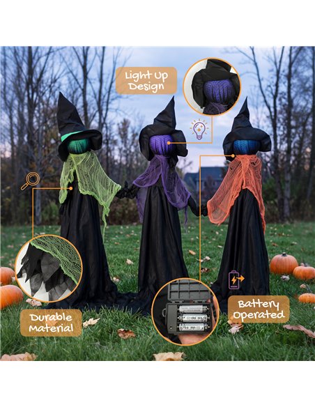 HOMCOM 120cm Witches Holding Hands Halloween Decorations Outdoor Indoor, Scary Halloween Witch Decor with Light-Up Heads - pic 210244 | FastDaddyshop