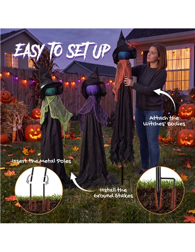 HOMCOM 120cm Witches Holding Hands Halloween Decorations Outdoor Indoor, Scary Halloween Witch Decor with Light-Up Heads