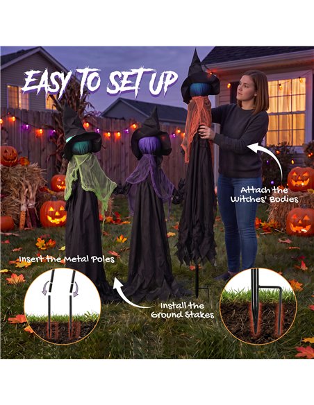 HOMCOM 120cm Witches Holding Hands Halloween Decorations Outdoor Indoor, Scary Halloween Witch Decor with Light-Up Heads - pic 210245 | FastDaddyshop